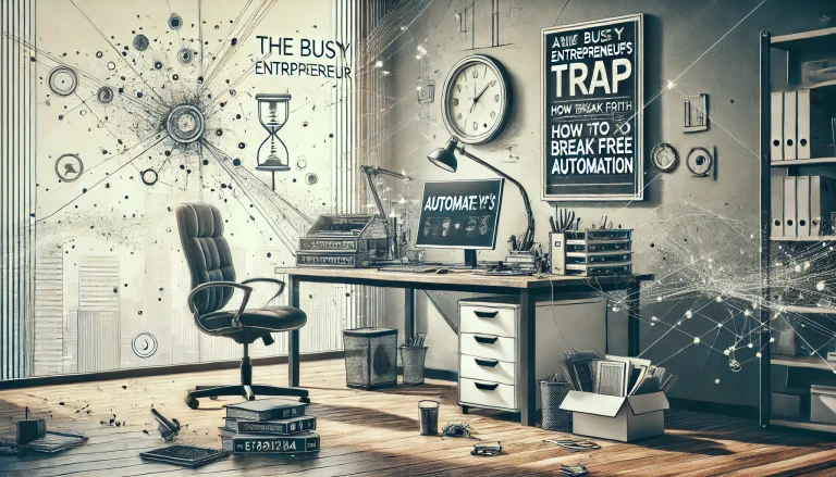 A full-width horizontal image representing 'The Busy Entrepreneur's Trap: How to Break Free with Automation,' using Automate You's brand colors (#1A3E68, #2D325A, #E8C27F, #E7AC34, #8091A0, #EEF0F2). The scene features a sophisticated, minimalistic office with organized digital tools and an ergonomic setup, symbolizing automation and efficiency. In the background, there are faint traces of chaos such as scattered paperwork and tangled wires, subtly fading away to highlight the transition to a smoother, automated workflow. The overall tone is clean, empowering, and professional, without text or wording.