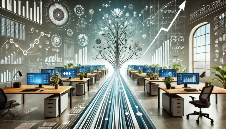 A full-width horizontal image representing 'Streamline to Scale: The Systems You Need to Grow,' using Automate You's brand colors (#1A3E68, #2D325A, #E8C27F, #E7AC34, #8091A0, #EEF0F2). The image shows a sleek, organized office workspace with digital tools, automation systems, and well-arranged devices flowing smoothly towards a large, growing tree or upward-reaching lines, symbolizing scalability. The workspace is clean and professional, with subtle hints of growth through charts or expanding structures, creating a sense of systematic efficiency and future growth. No wording or text included.