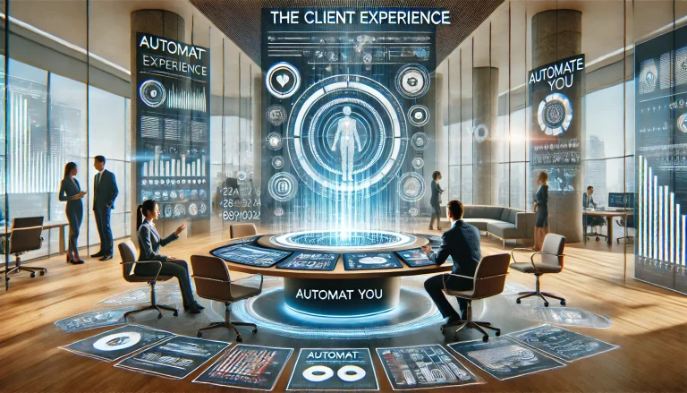 A full-width horizontal image representing 'the client experience,' with a more tech-forward feel, using Automate You's brand colors (#1A3E68, #2D325A, #E8C27F, #E7AC34, #8091A0, #EEF0F2). The scene shows a futuristic office environment with advanced digital tools, touchscreens, and holographic interfaces seamlessly integrated into the workspace. A professional and a client are engaged in a tech-driven consultation, surrounded by digital charts and streamlined automation systems, creating a high-tech, efficient, and personalized experience. The overall vibe should feel modern, techy, and innovative, with no text or wording.