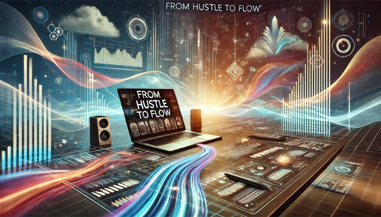 A full-width horizontal image representing 'From Hustle to Flow,' with a techy vibe, using Automate You's brand colors (#1A3E68, #2D325A, #E8C27F, #E7AC34, #8091A0, #EEF0F2). The scene features a modern, futuristic workspace with digital tools, sleek devices, and holographic interfaces symbolizing the 'flow' of automation and technology enabling smoother work processes. Dynamic visuals like flowing data streams, futuristic graphs, and digital waves blend with a calming, organized environment, evoking balance between hustle and seamless flow. The image should feel advanced, efficient, and empowering, with no text or wording.